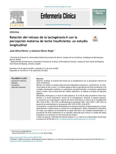 Relación del retraso de la lactogénesisII con la percepción materna de leche