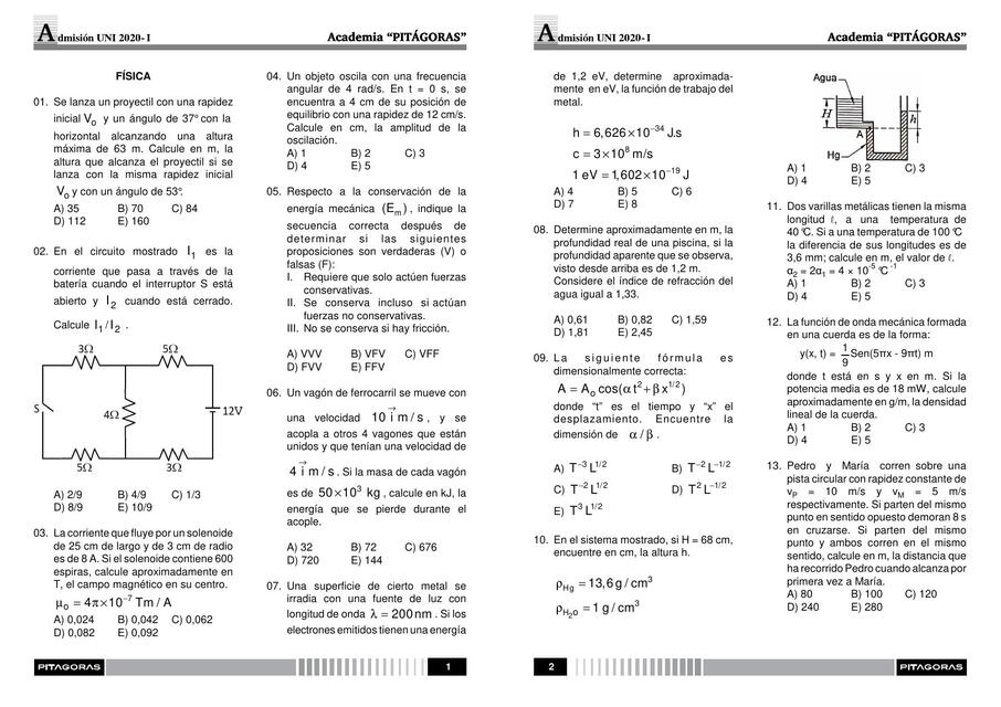 ADMISIÓN UNI 2020-I FÍSICA Y QUÍMICA