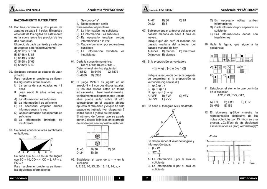 ADMISIÓN UNI 2020-I RAZ MAT Y RAZ VERBAL