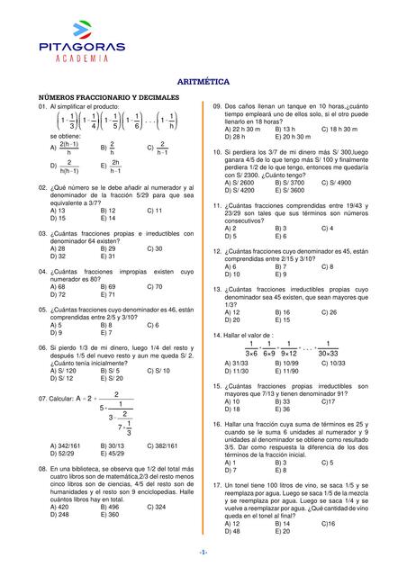ARITMÉTICA NÚMEROS FRACCIONARIO Y DECIMALES