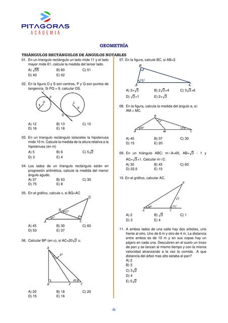 GEOMETRÍA TRIÁNGULOS RECTÁNGULOS DE ÁNGULOS NOTABLES