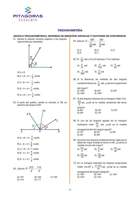 TRIGONOMETRÍA ÁNGULO TRIGONOMÉTRICO, SISTEMAS DE MEDICIÓN ANGULAR Y FACTORES DE