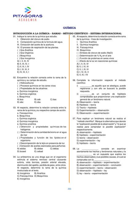 QUÍMICA INTRODUCCIÓN A LA QUÍMICA – RAMAS – MÉTODO CIENTÍFICO – SISTEMA INTERNAC