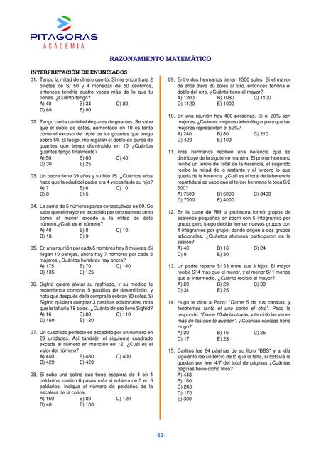 RAZONAMIENTO MATEMÁTICO INTERPRETACIÓN DE ENUNCIADOS