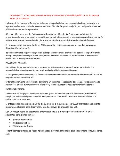 DIAGNÓSTICO Y TRATAMIENTO DE BRONQUIOLITIS AGUDA E