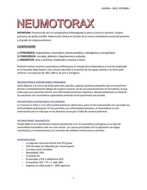 NEUMOTORAX - NEUMOLOGÍA