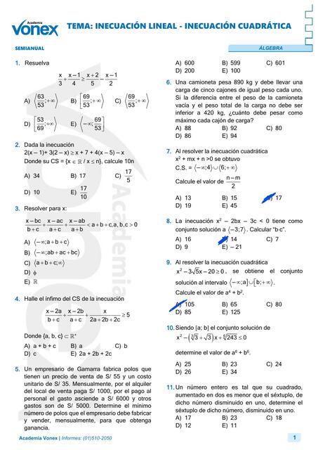 INECUACIÓN LINEAL INECUACIÓN CUADRÁTICA