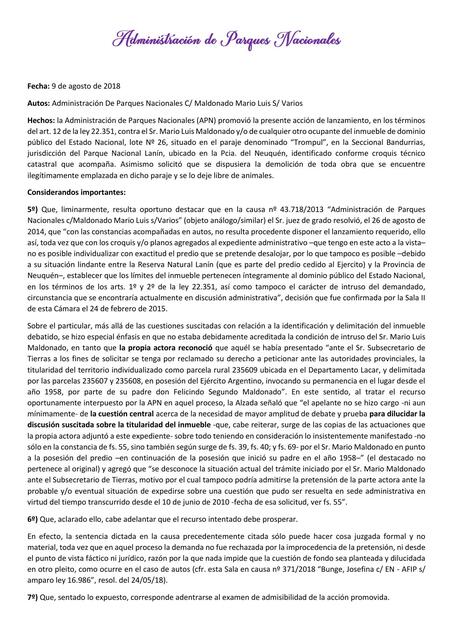 Fallo Administracion de Parques Nacionales - Derecho Administrativo 2