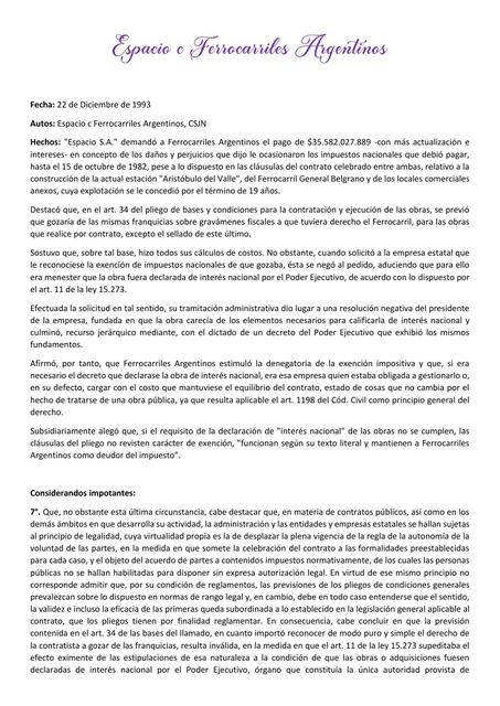 Fallo Espacio c/ Ferrocarriles - Derecho Administrativo 2