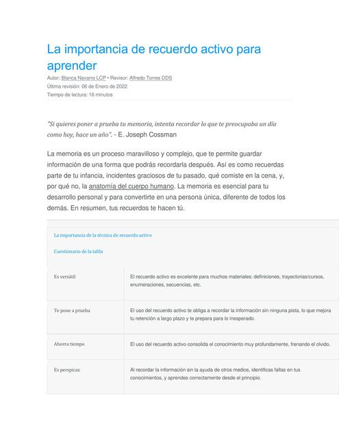 La importancia de recuerdo activo para aprender 