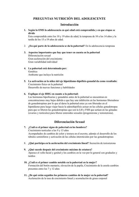 PREGUNTAS NUTRICIÓN DEL ADOLESCENTE