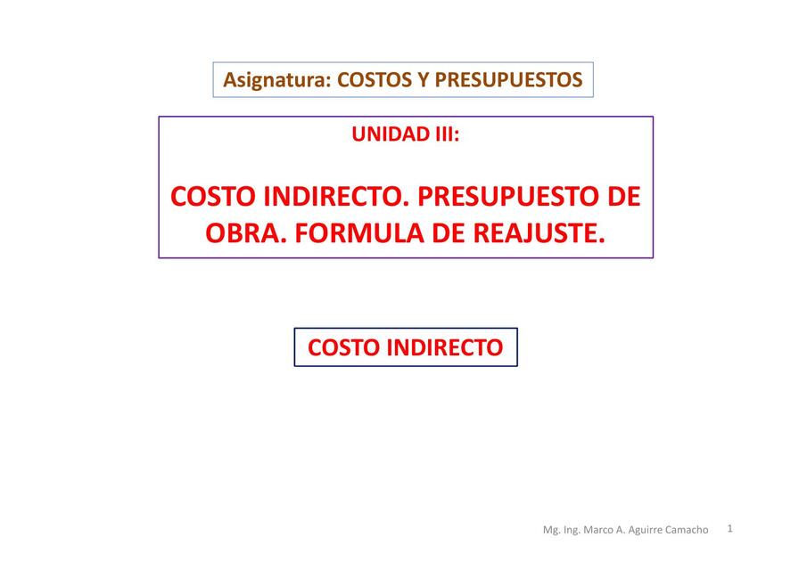 Costo indirecto , presupuesto de obra, fórmula de reajuste 