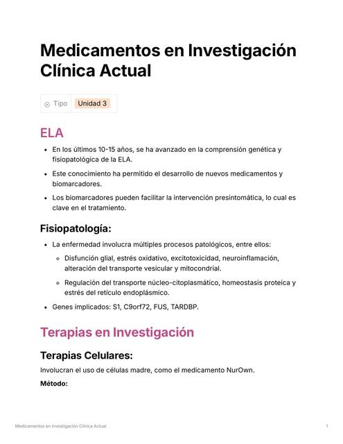 Medicamentos en Investigación Clínica Actual para ELA