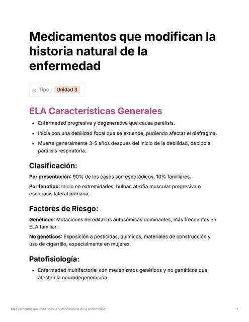 Medicamentos que modifican la historia natural de la enfermedad ELA