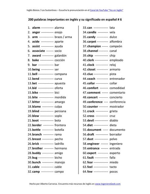 200 palabras importantes en inglés 6 y su signific