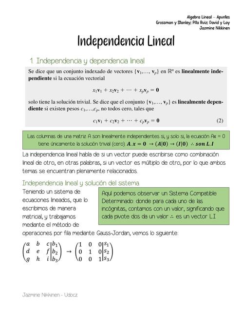 Independencia Lineal de vectores - Álgebra Lineal