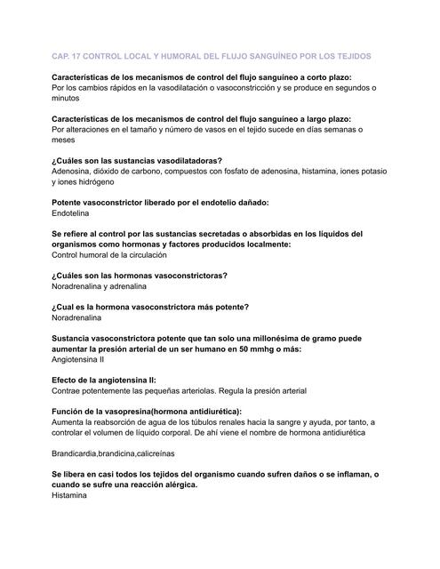 Control local y humoral del flujo sanguíneo por los tejidos 