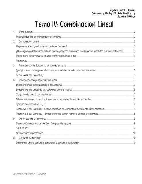 Combinación Lineal e independencia lineal - Tema 4 - Álgebra Lineal