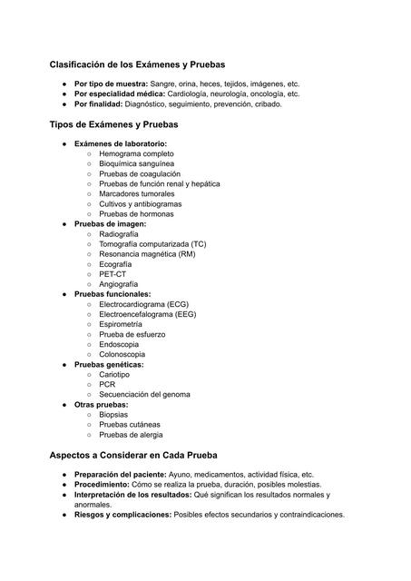 Clasificación de los Exámenes y Pruebas