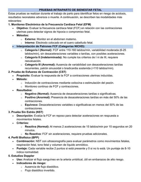 PRUEBAS INTRAPARTO DE BIENESTAR FETAL APUNTES