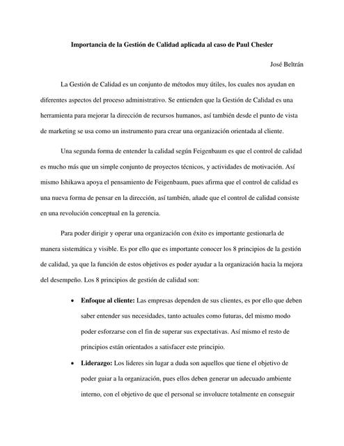 Importancia de la Gestión de Calidad aplicada al caso Paul Chesler