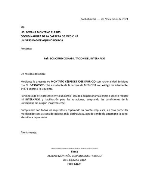 CARTA PARA EL INTERNADO