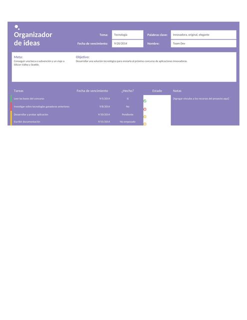 Organizador de ideas tareas - Plantilla en Excel