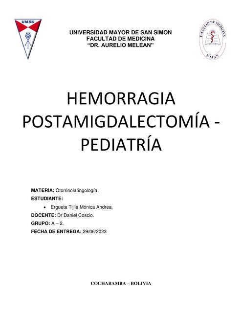 HEMORRAGIA POSTAMIGDALECTOMIA PEDIATRÍA