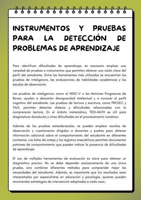 Instrumentos y pruebas para la detección de Problemas de aprendizaje