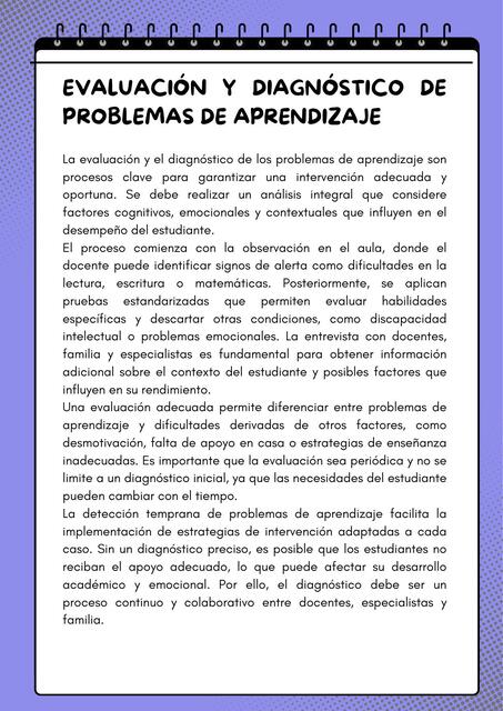 Evaluación y diagnóstico de problemas de aprendizaje