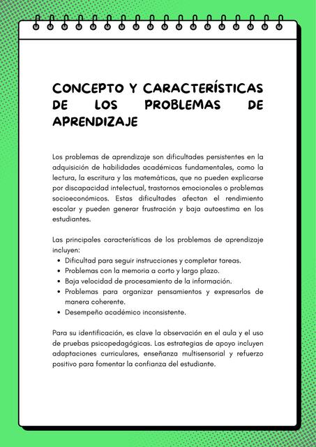 Concepto y características de los problemas de aprendizaje