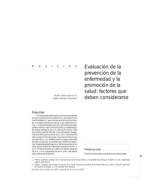 Evaluación de la prevención de la enfermedad y la promoción de la salud