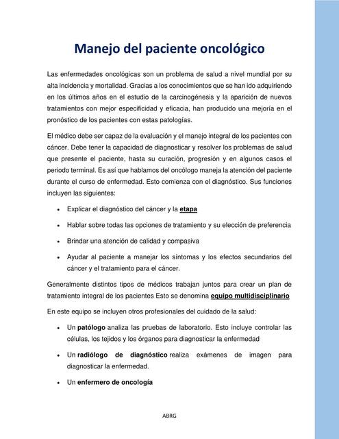 Manejo de paciente oncologico