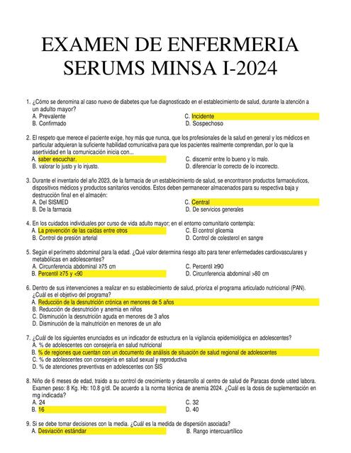 EXAMEN DE MEDICINA SERUMS MINSA I-2024