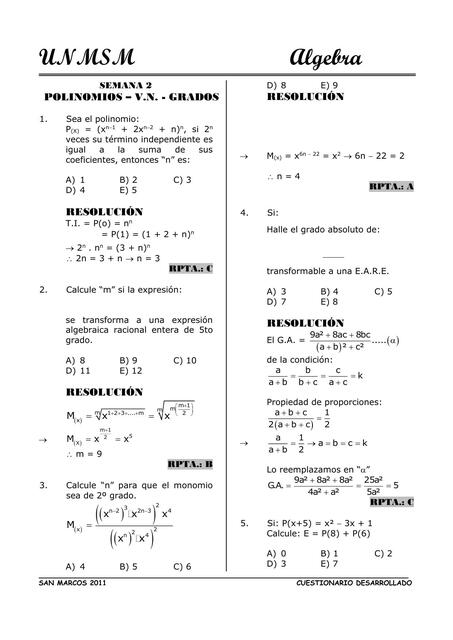 POLINOMIOS – VALOR NUMÉRICO - GRADOS