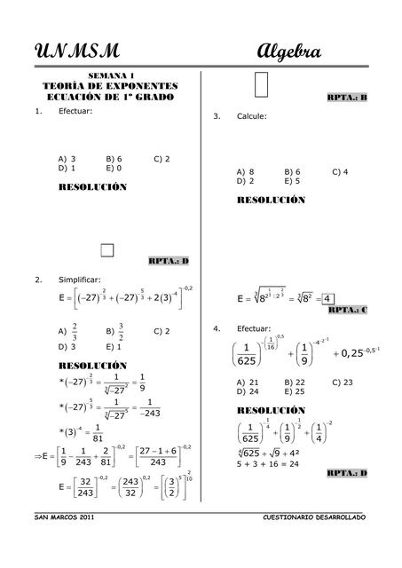 TEORÍA DE EXPONENTES - ECUACIÓN DE 1º GRADO