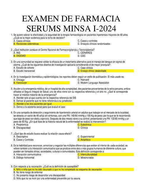 EXAMEN DE FARMACIA SERUMS MINSA I 2024