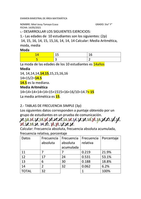 EXAMEN BIMESTRAL DE ÁREA MATEMÁTICA