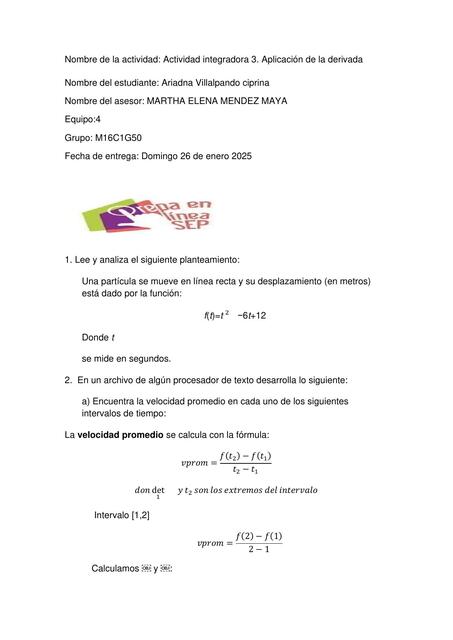 Actividad integradora 3. Aplicación de la derivada