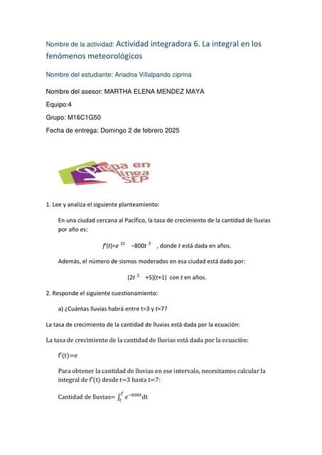 Actividad integradora 6. La integral en los fenómenos meteorológicos