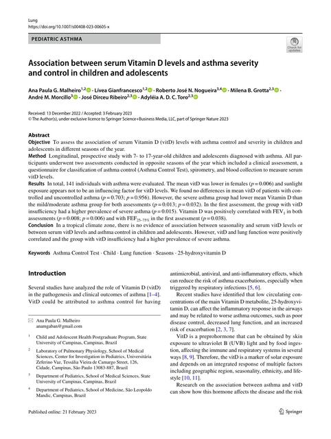 Association betweenserum Vitamin D levels andasthm