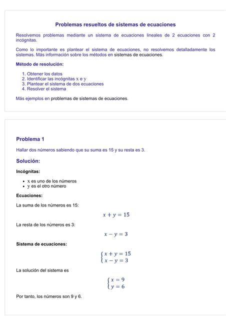 Problemas resueltos de sistemas de ecuaciones