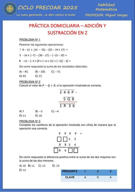 PRÁCTICA DOMICILIARIA ADICIÓN Y SUSTRACCIÓN EN Z