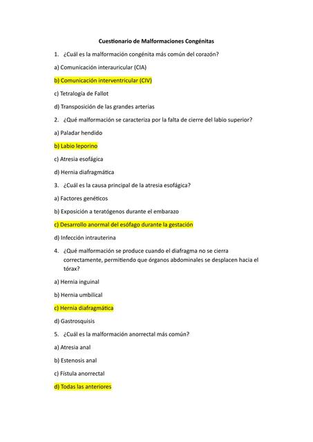 Cuestionario de Malformaciones Congénitas