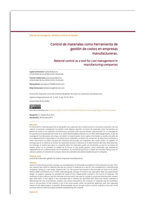 Control de materiales como herramienta de gestión