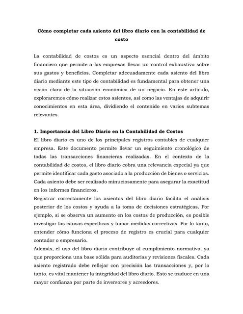 Cómo completar cada asiento del libro diario con la contabilidad de costo