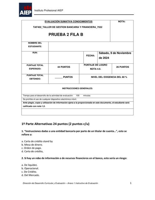 Taller de Gestion bancaria PRUEBA 2 Fila B