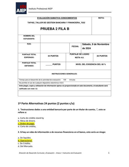 Taller de Gestion bancaria PRUEBA 2 Fila B 1