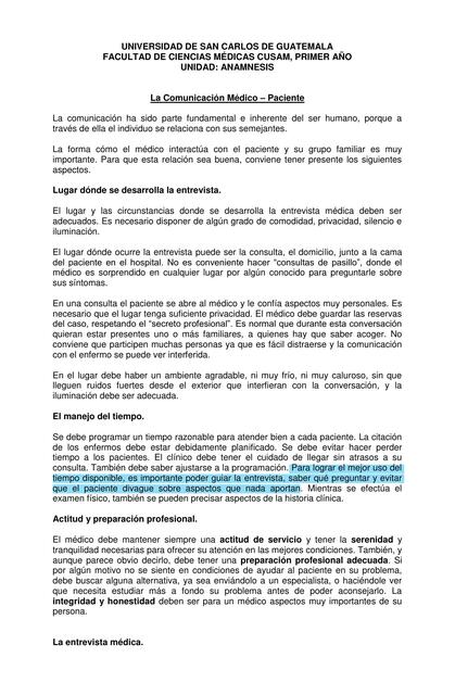 La comunicación medico paciente, primer año