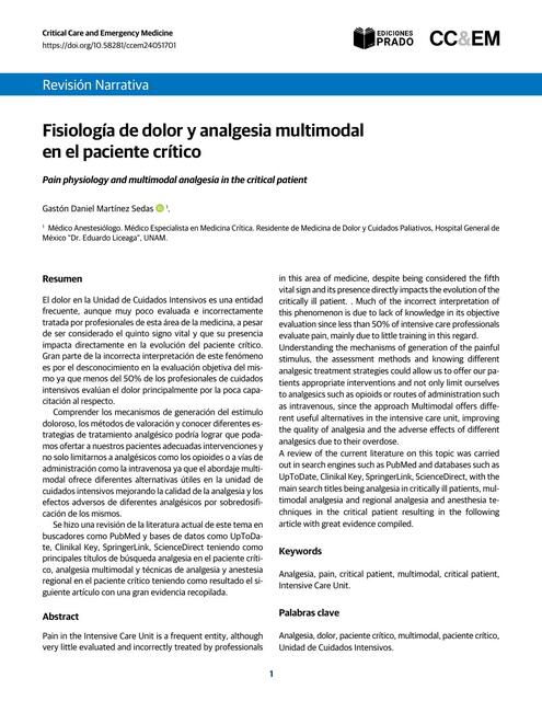 Fisiología de dolor y analgesia multimodal en el